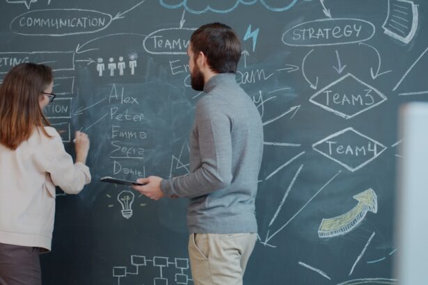 Two people planning on a chalkboard with diagrams.