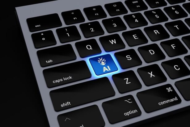 a close up of a keyboard with a blue light on it