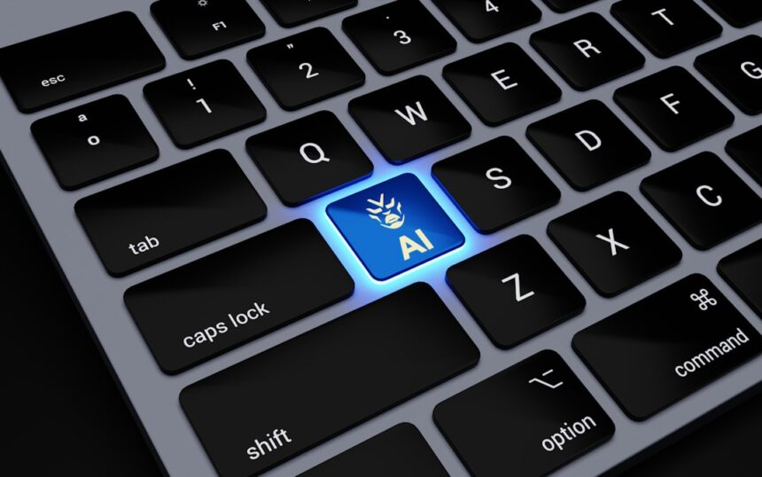 a computer keyboard with a blue light on it
