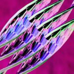 Abstract pattern of iridescent geometric shapes on magenta