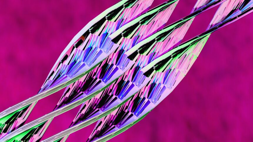 Abstract pattern of iridescent geometric shapes on magenta