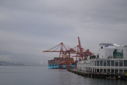 Cargo ship and cranes at a busy port