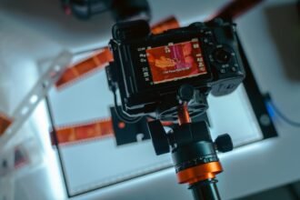 Camera digitizing film negatives on a light table