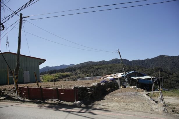 Rural landscape with buildings and rolling hills
