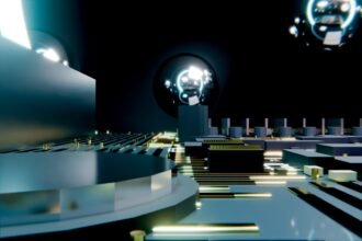 Abstract futuristic circuit board with glowing spheres and dark background.