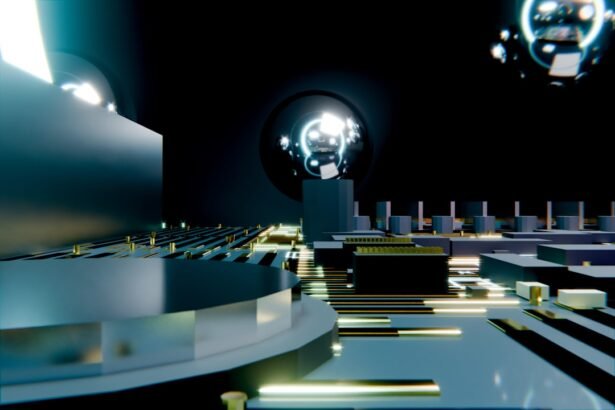 Abstract futuristic circuit board with glowing spheres and dark background.