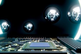 A circuit board with a central chip and reflective spheres.