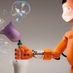 An orange robot blowing bubbles with a purple wand
