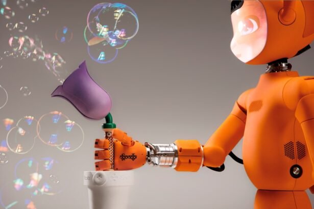 An orange robot blowing bubbles with a purple wand