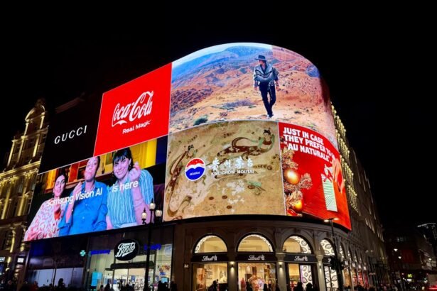 Brightly lit billboards on a building at night