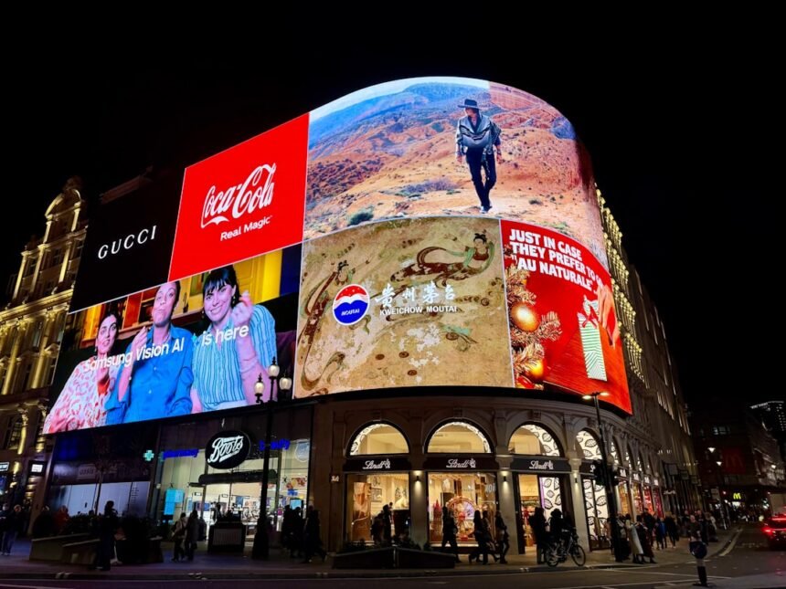 Brightly lit billboards on a building at night