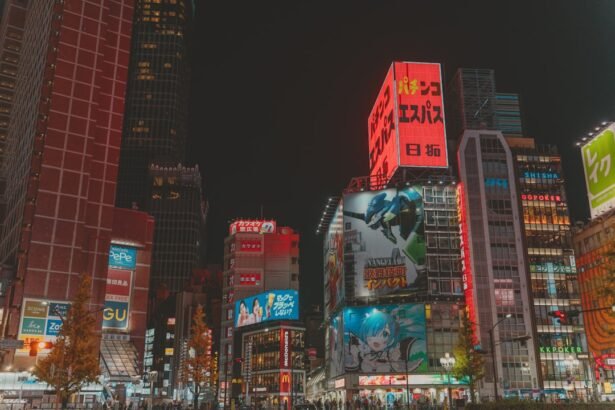 Vibrant cityscape with illuminated buildings at night