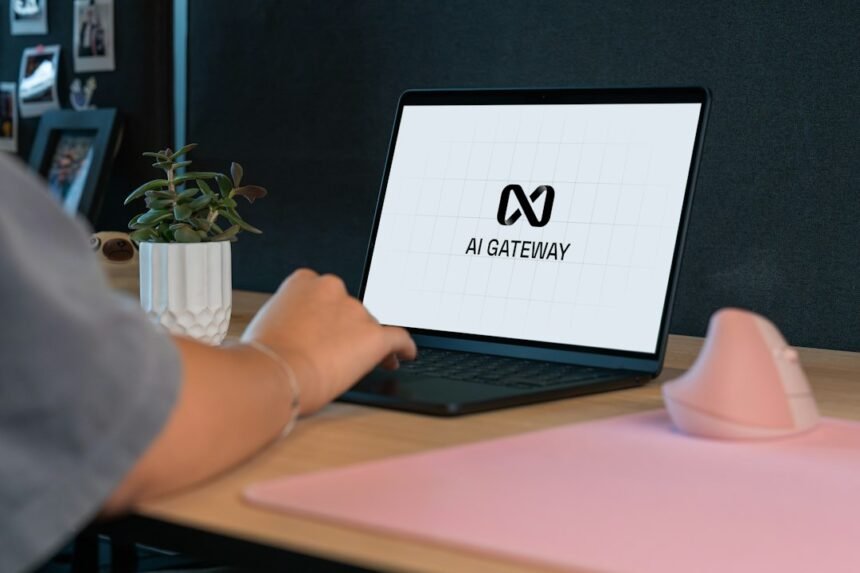Person typing on laptop with "ai gateway" logo