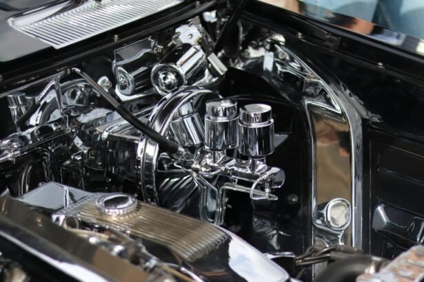 Classic car engine with shiny chrome components and details
