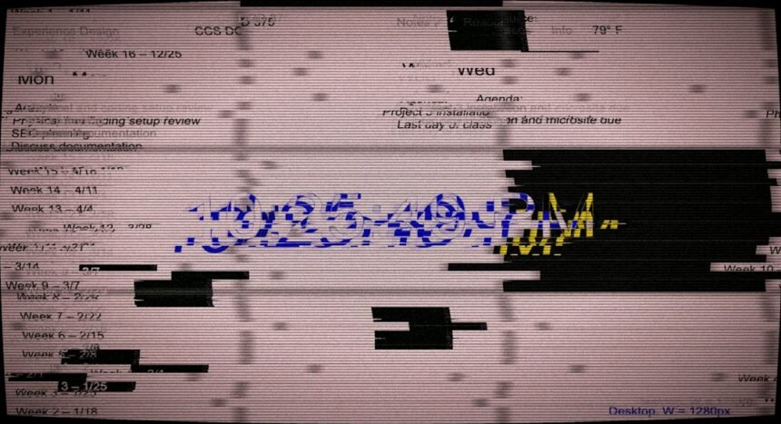 Glitching document with blue and yellow text