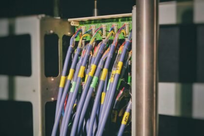 blue LAN cable plugged in green and black router