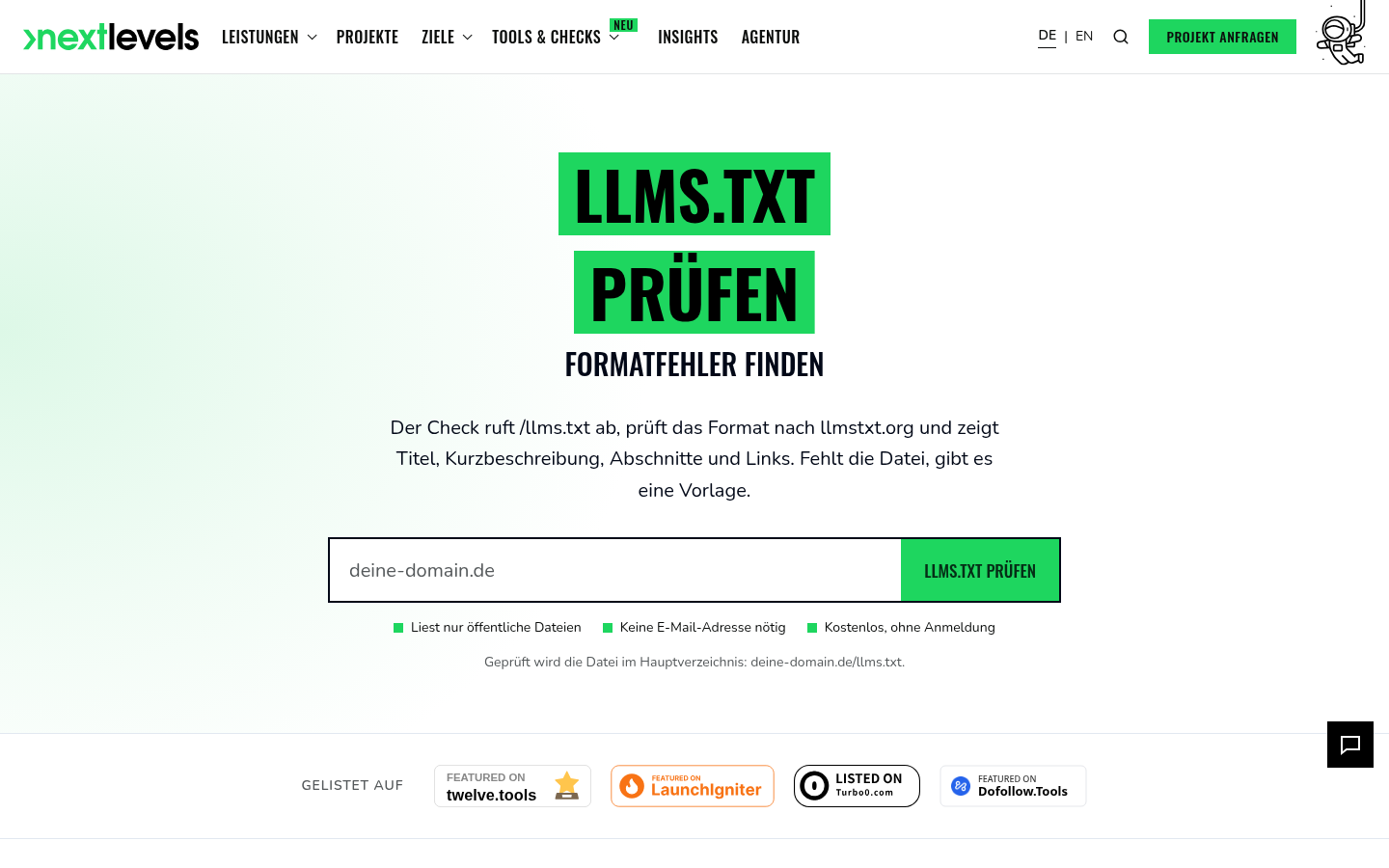 free llms.txt checker by nextlevels screenshot